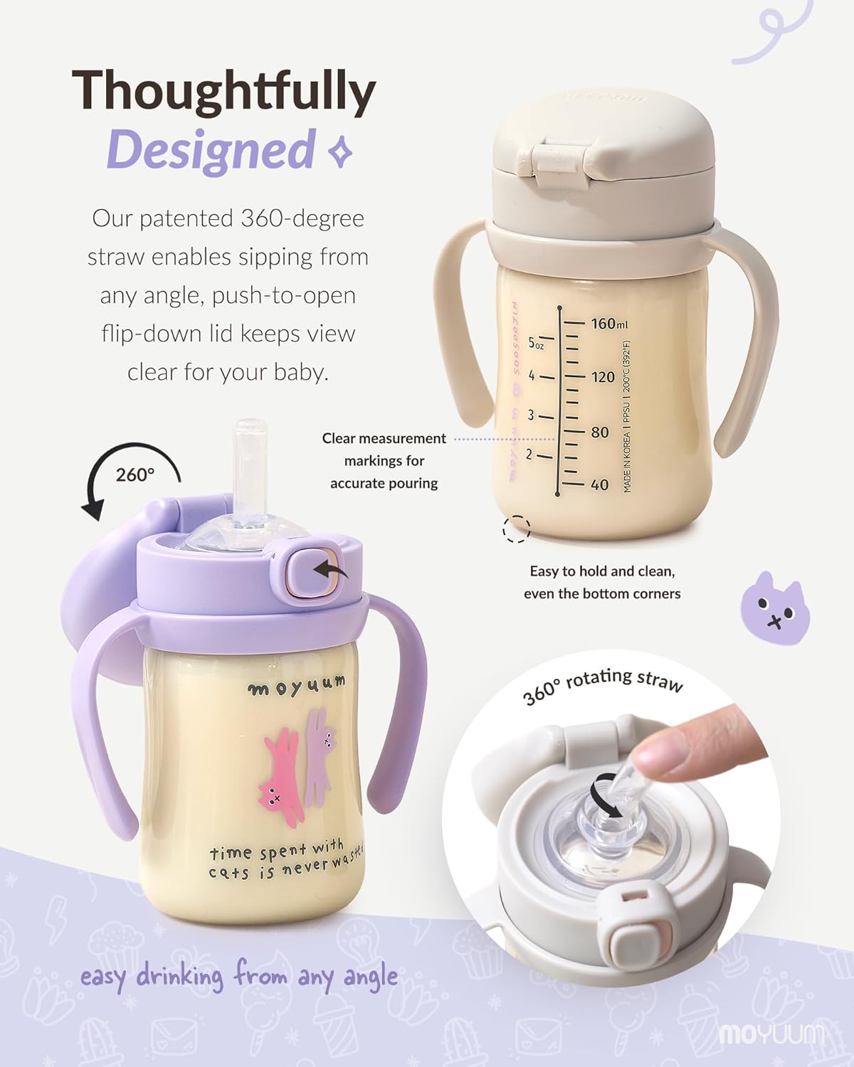 MOYUUM Leak Proof Sippy Cup with Handle | Made in Korea, 100% BPA Free PPSU, Magic No Spill Straw Cup with Attached Flip Top Lid, Easy to Hold for Babies and Toddlers, 9oz Gray