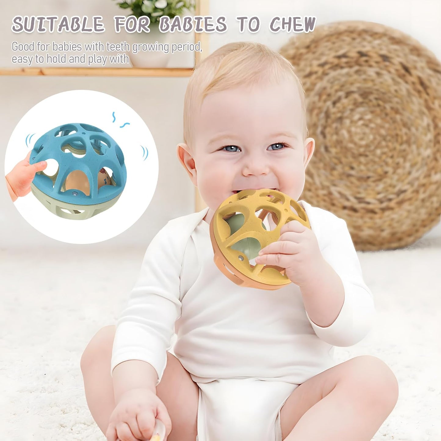 Baby Rattle Ball, Baby Teething Sensory Montessori Toys Soft Chew Toy with Rattles for Babies, Safe Wheat Straw Travel Toys Newborn Gift for Infant Boys Girls 3 6 7 8 9 10 11 12 Months