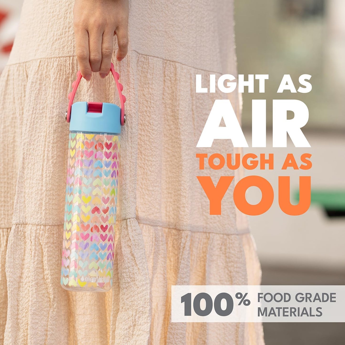Elemental Splash Water Bottle with Straw - BPA-Free Tritan Plastic Reusable Water Bottle with Pop It Strap - Ideal for Travel, Gym and Sports - Leak Proof when Spout is Closed - 26oz - Rainbow Heart