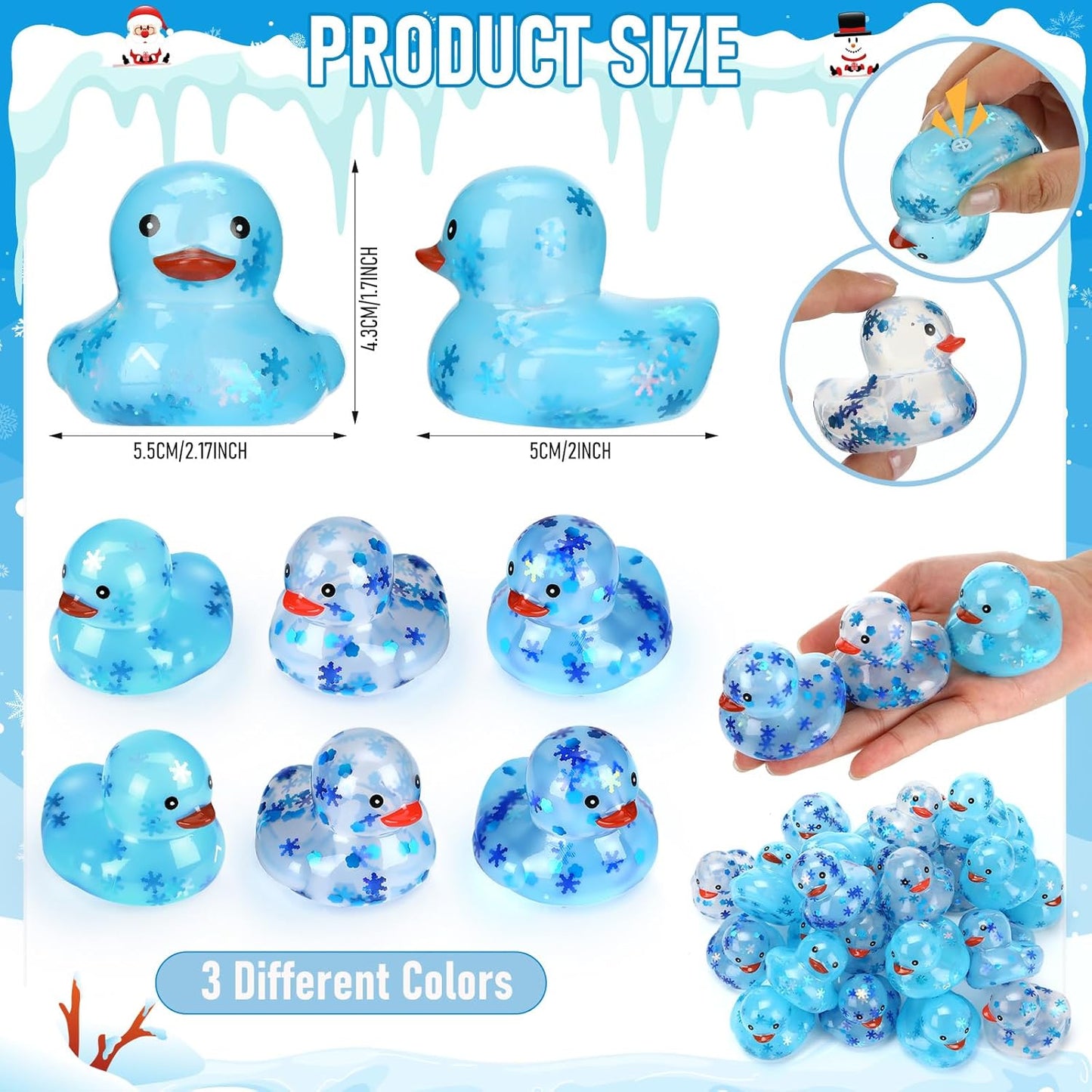 100 Pcs Winter Rubber Ducks Bulk Squeaky Floating Bath Snowflakes Duck Toys for Birthday Christmas Party Gifts Supplies Class Prizes Decorations Party Favors