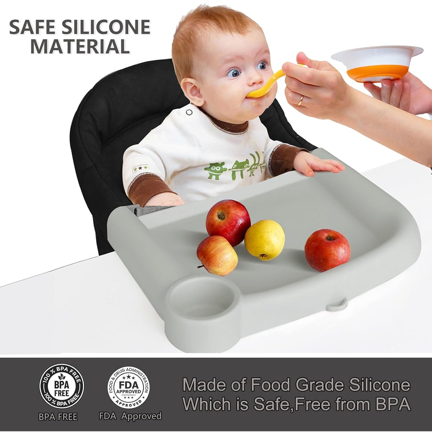 Silicone Baby Dining Tray Compatible with Inglesina Fast Table Chair and Hooked High Chair, Easy to Carry Set Up & Clean BPA-Free Great for Developing Your Baby's Independent Eating Skills - Gray