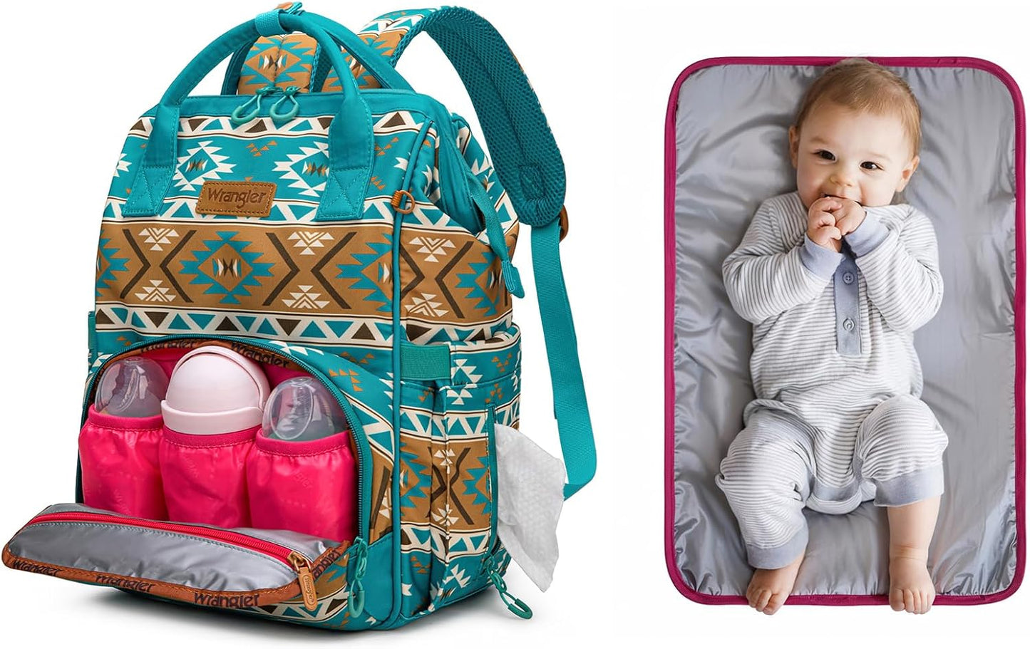 Wrangler Aztec Backpack Multifunction Baby Travel Bag with Changing Pad, Stroller Straps and Pacifier Case WG2204-91103TQ
