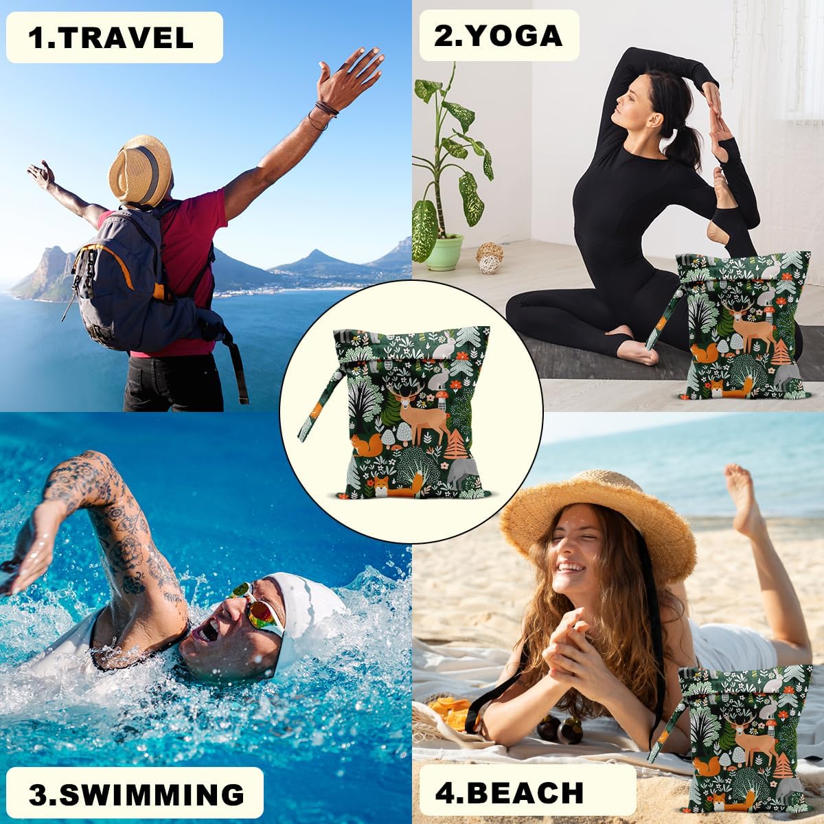 Forest Animal Wet Bags 12x10 Inch, Cottage Core Botanical Waterproof Travel Laundry Bags, Squirrel Fox Wolf Reusable Wet Dry Bag for Swimsuit Pool Beach Diapers Dirty Yoga Gym Clothes