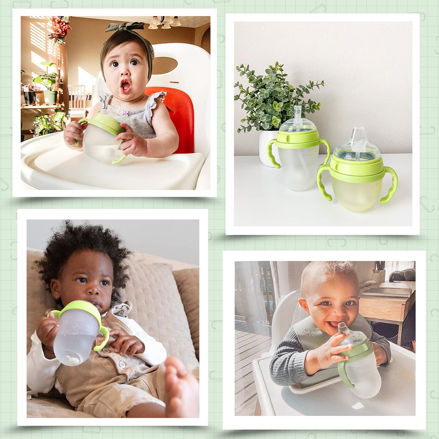 Sippy Cup Soft Spout Transitional Nipple Kit Bundle Compatible with Comotomo Baby Bottles, 5 oz and 8 oz | Value Bundle 2 Kits + Brushes (Green)