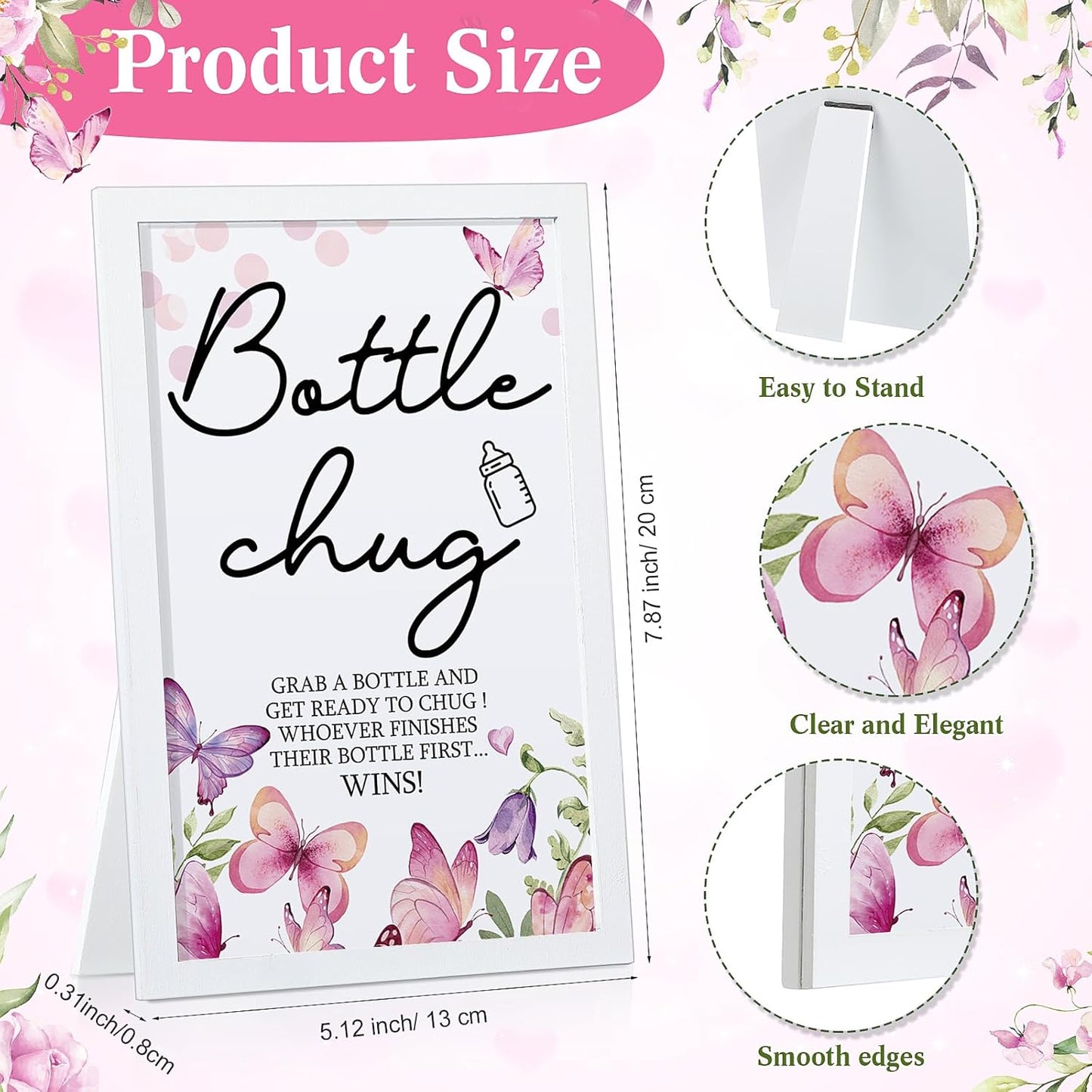 Roowest Bottle Chug Baby Shower Game Favors Including Pink Butterfly Theme Wooden Sign and 18 Pcs Feeding Bottles for Gender Reveal Party Supplies
