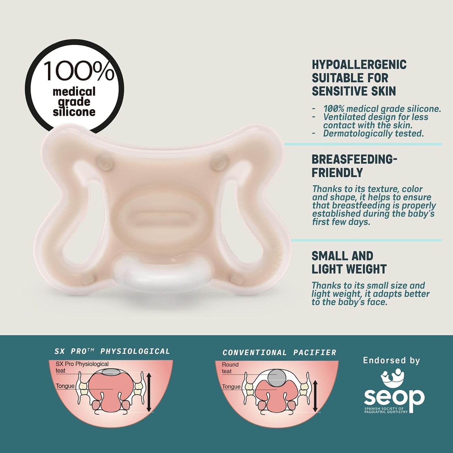 Suavinex Zero Zero Silicone Baby Pacifier w/SX Pro Physiological Pacifier Nipple (6-18M), Fair