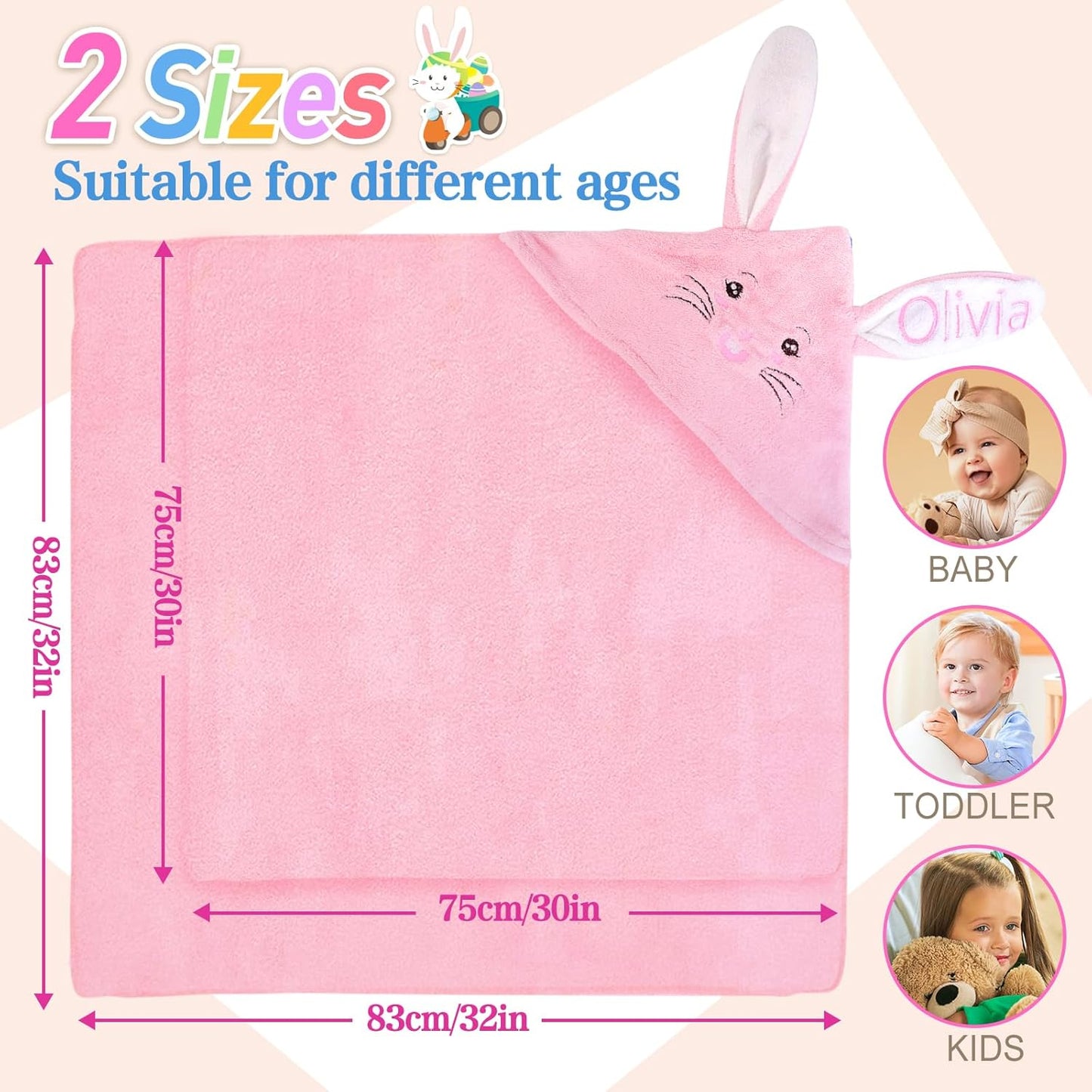 Baosity Custom Hooded Baby Towel with Name, Personalized Soft Absorbent Bunny Toddler Towel, Baby Bath Towel for Girls Boys, Christmas Brithday Gifts for Baby, Toddler, Newborn Essential