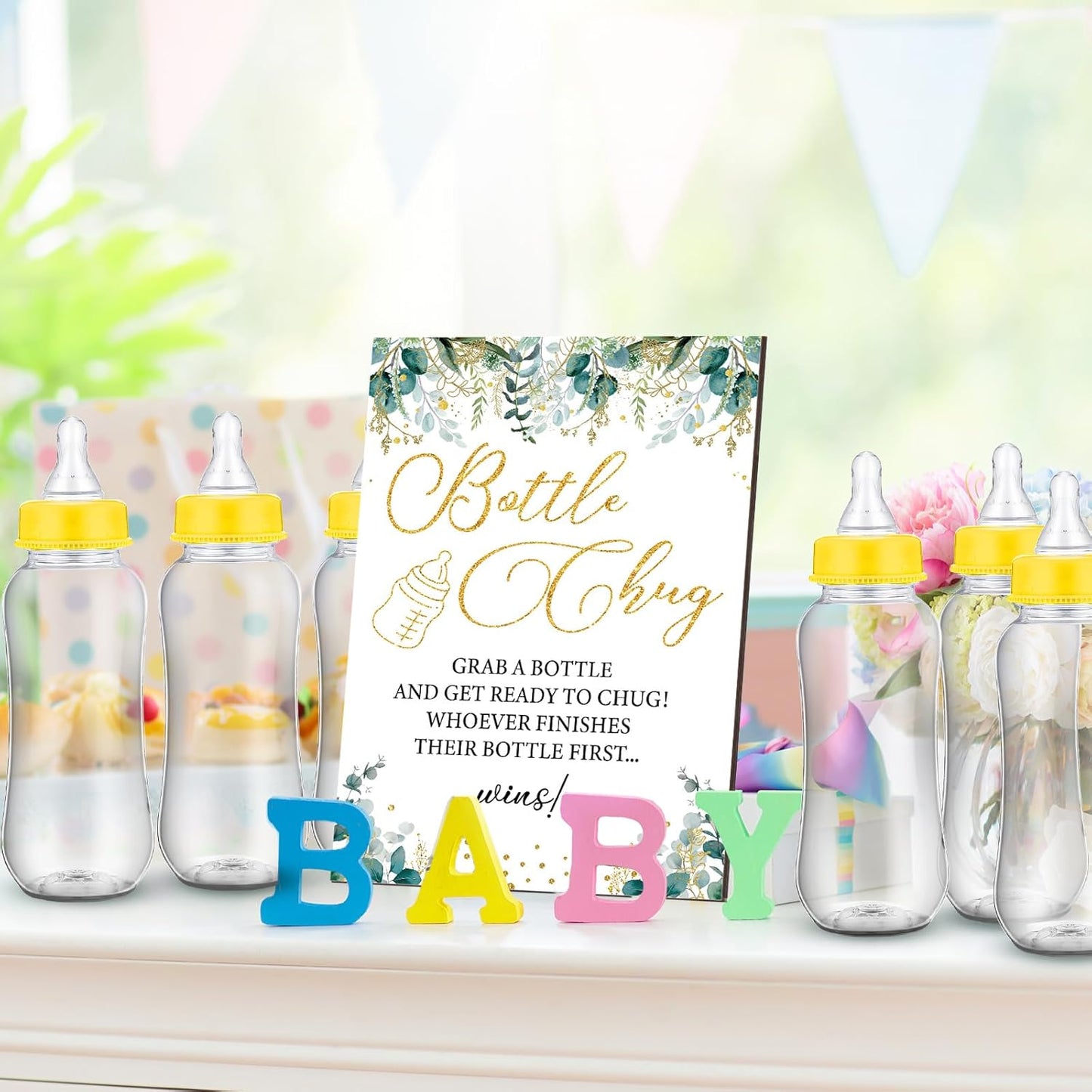 TrelaCo Greenery Cool Baby Shower Games Bottle Chug Sign Wooden Neutral Greenery Floral Gift Sets Gender Reveal Party Favors and 12 Pcs Baby Bottle Shower Favor for Games Gender Reveal