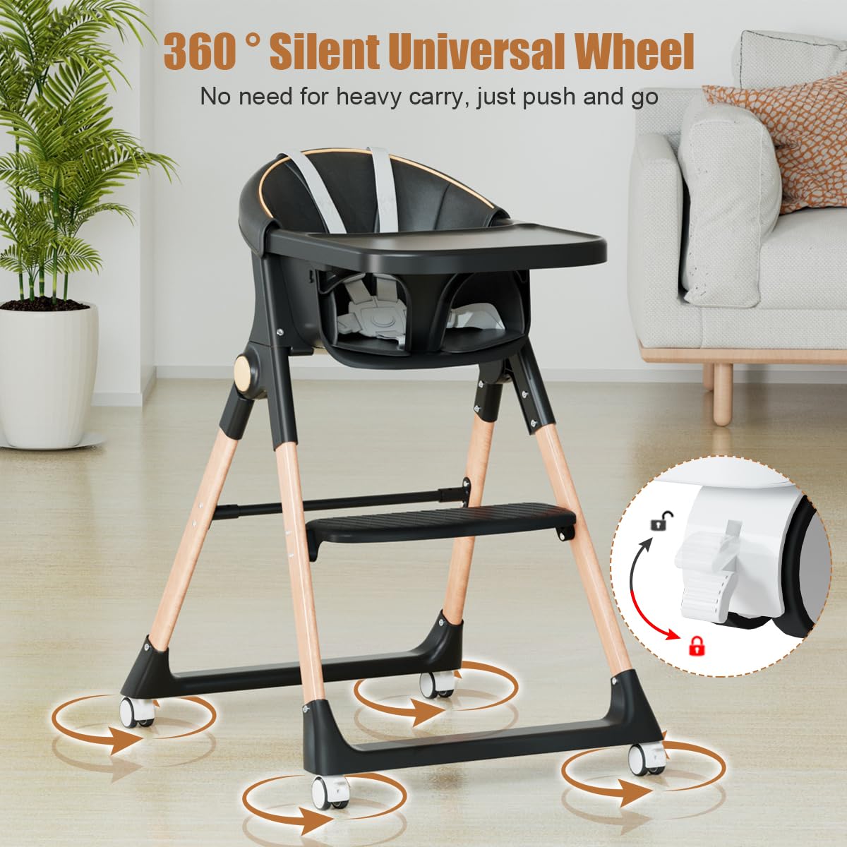 Baby High Chair, High Chairs for Babies and Toddlers, Convertible Folding High Chair with Removable Tray 5 Point Harness Footrest Detachable PU Cushion, Portable Highchair for Baby Toddlers