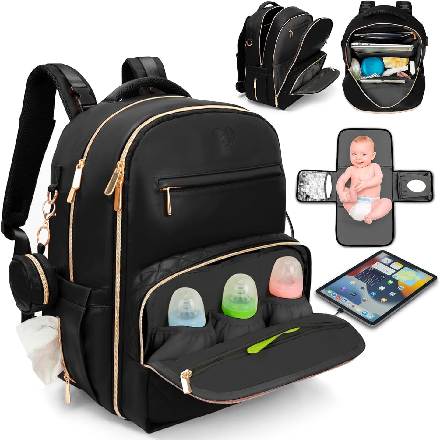 Award-Winning 3-SET Premium Leather Diaper Bag Backpack – Stylish, Durable, Waterproof Vegan Leather with PEVA Changing Pad & Baby Headrest, Travel-Friendly, Organized for Busy Parents