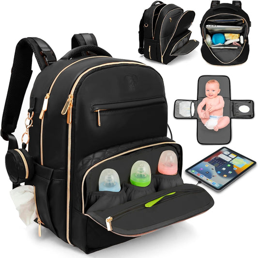 Award-Winning 3-SET Premium Leather Diaper Bag Backpack – Stylish, Durable, Waterproof Vegan Leather with PEVA Changing Pad & Baby Headrest, Travel-Friendly, Organized for Busy Parents