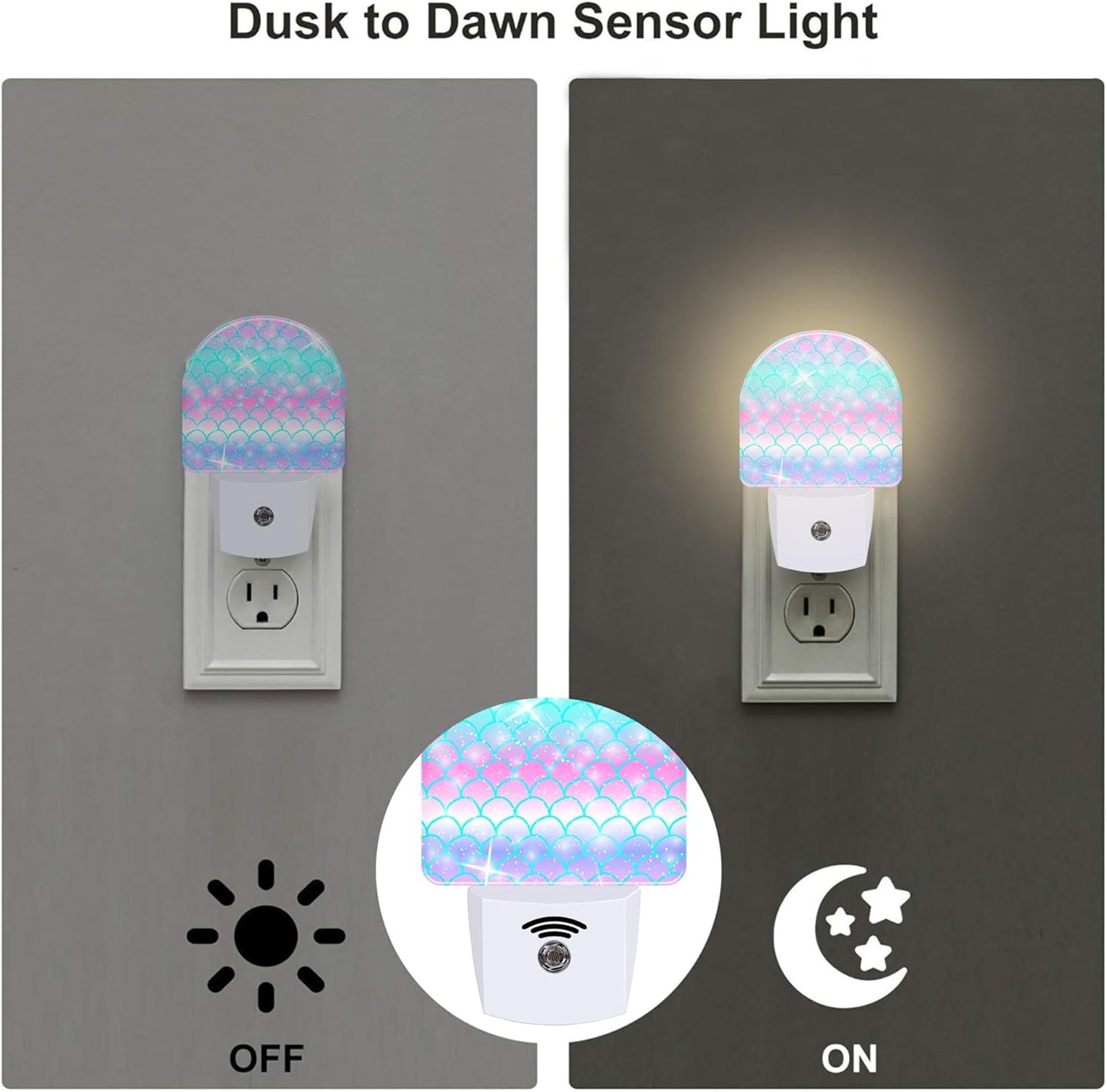 Rainbow Glitter Mermaid Scales Night Light Plug into Wall,Watercolor Pink Purple Teal Fish Scale Dusk to Dawn Night Light,0.5w Energy Saving Nightlights for Kids Boys Girls Home Decor