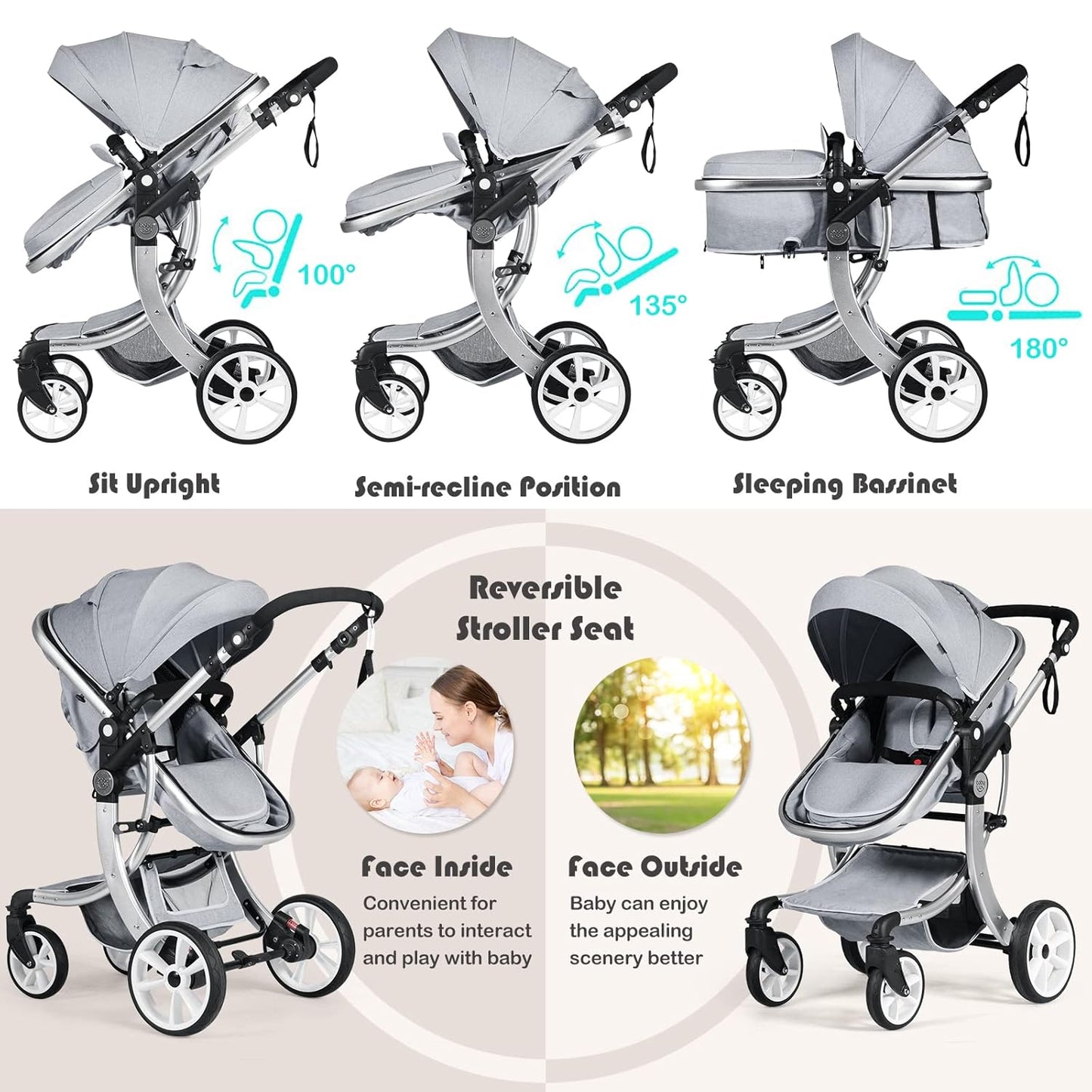 BABY JOY 2-in-1 High Landscape Baby Stroller, Reversible Bassinet Reclining Stroller, Foldable Push Chair w/Adjustable Canopy, Storage Bag, Foot Cover, Rain Cover & Net, Aluminum Alloy Frame (Gray)