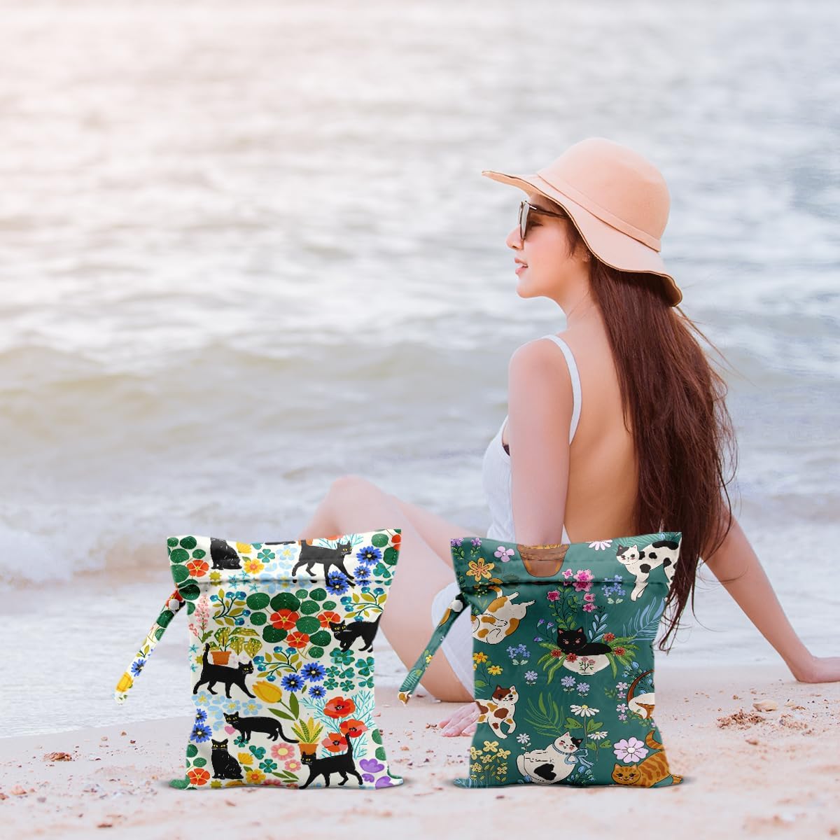 2Pcs Cat Wet Bags 12x10 Inch, Colorful Flowers Waterproof Travel Laundry Bags, Floral Reusable Wet Dry Bag for Swimsuit Pool Beach Diapers Dirty Yoga Gym Clothes, Cat Gifts for Women Friend Travelers