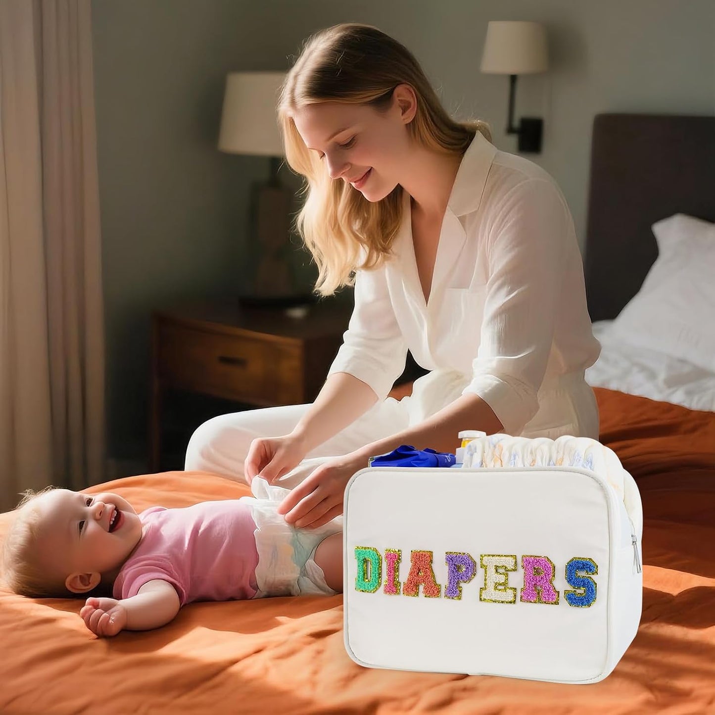 Portable Small Diaper Bag, Chenille Letter Diaper Caddy Organizer Pouch Newborn Baby Essentials Must Haves for Nursery Changing Table, White Waterproof Diaper Pail Baby Shower Gifts for Mom To Be