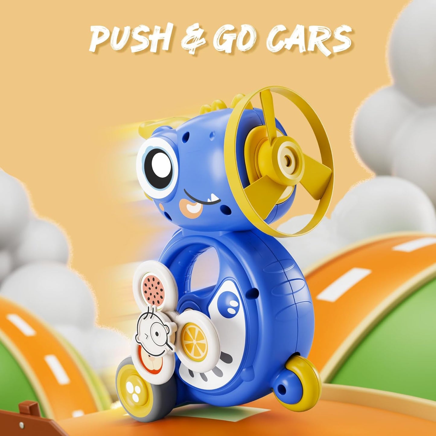 iPlay, iLearn Kids Dinosaur Flying Disc Launcher Toys, Toddler Push Go Friction Dinos Cars, Indoor Outdoor Spinning Top Yard Play Set, Birthday Gift for 12-18 Month, 1 2 3-6 Years Old Boys Girls Child