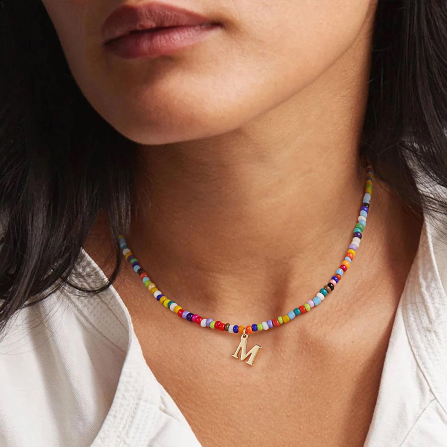 Yoosteel Christmas Gifts for Grandkids Teen Girls - Colorful Beaded Initial Necklace for Girls Kids Jewelry A-Z Letter Choker Necklace Birthday Gifts Stocking Stuffers for Teen Girl Women Kids Toddler