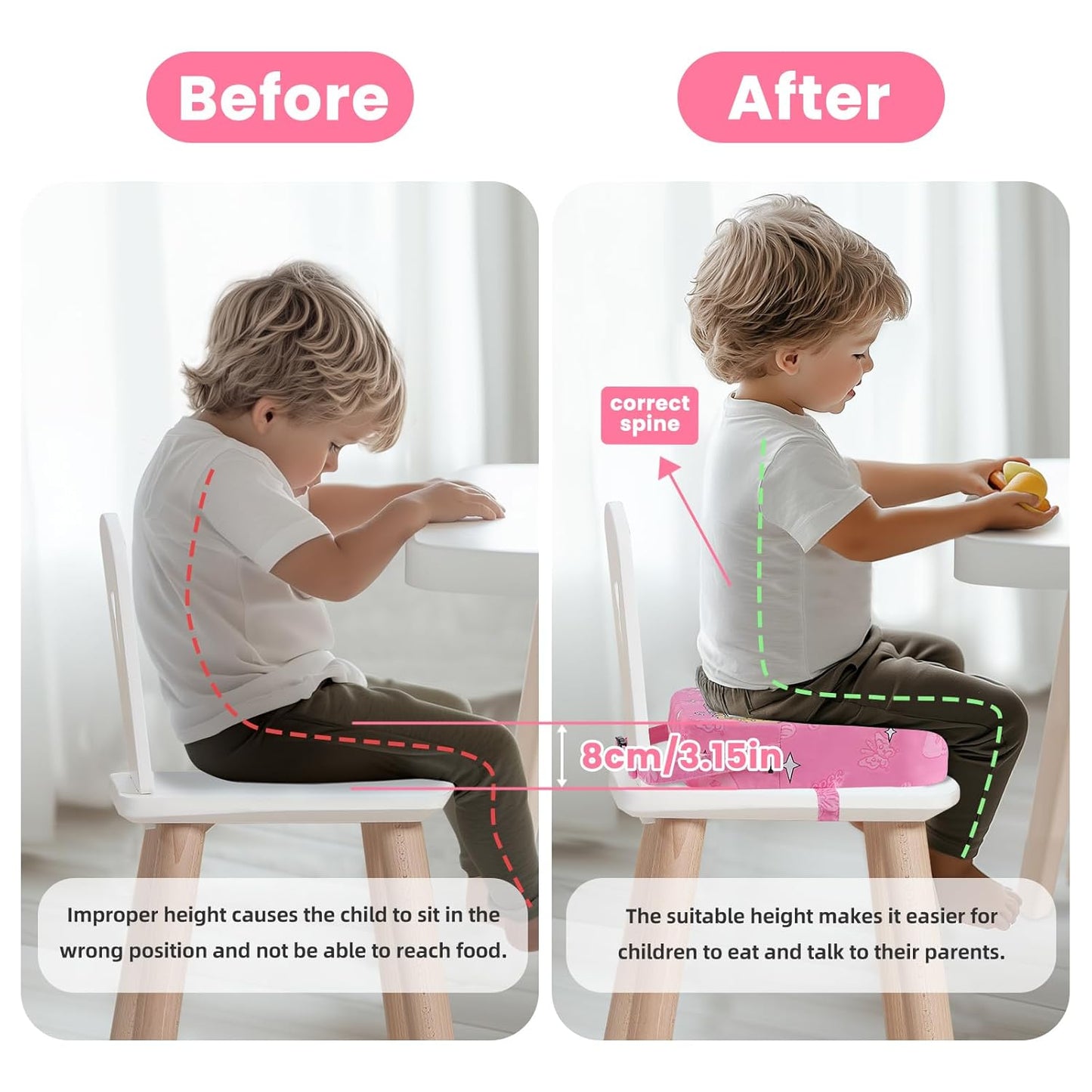 Toddler Booster Seat for Dining Table, Kids Booster Seat for Kitchen Chair with Non-Slip Bottom, Portable Detachable Washable Increasing Cushion with 2 Adjustable Straps (Princess)