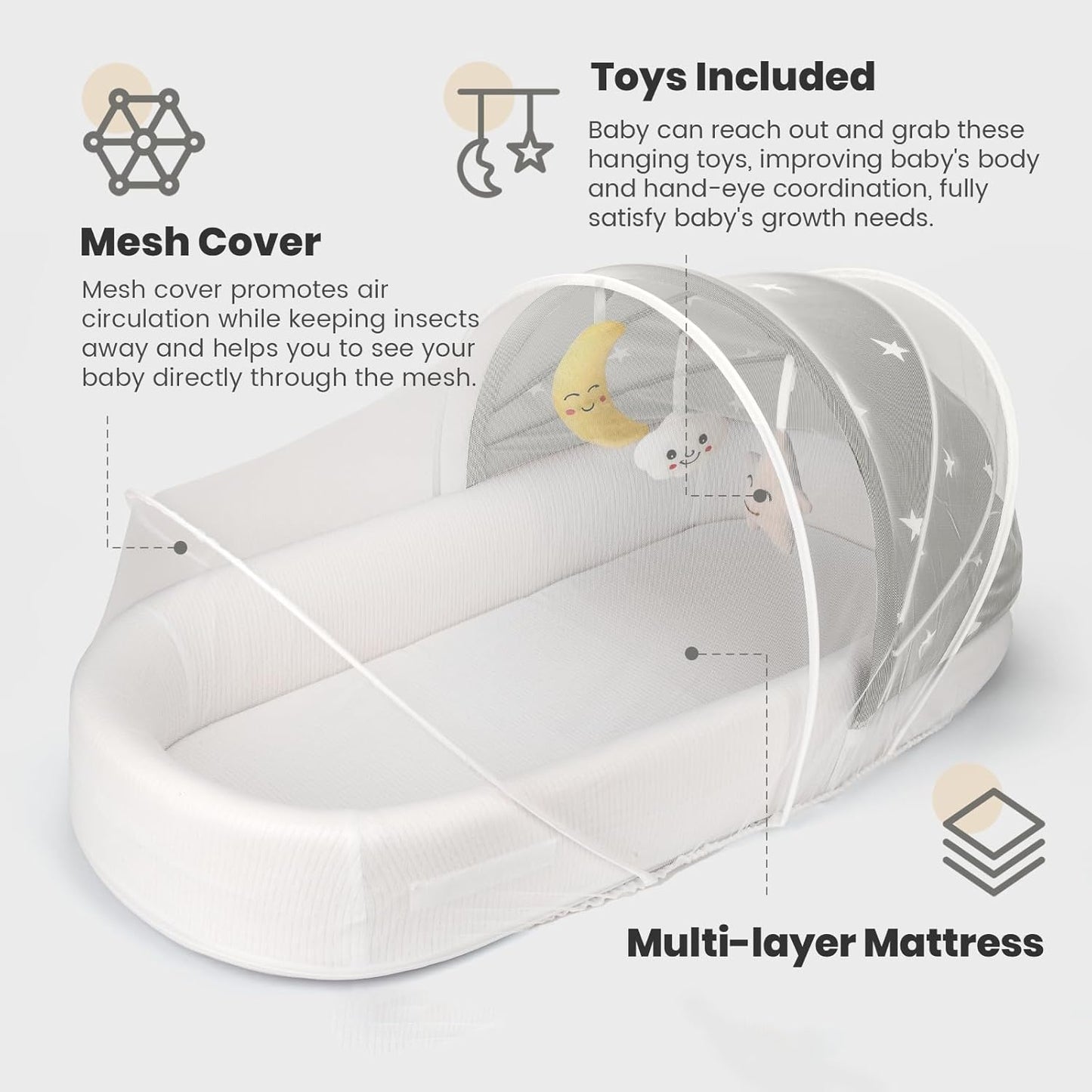 Portable Baby Bassinet- Travel Bassinet for Newborn and Infant, Suitable for Indoor & Outdoor Carry, Lightweight Foldable Washable, Portable Bassinet for Baby Travel, Portable Travel Bassinet, Grey