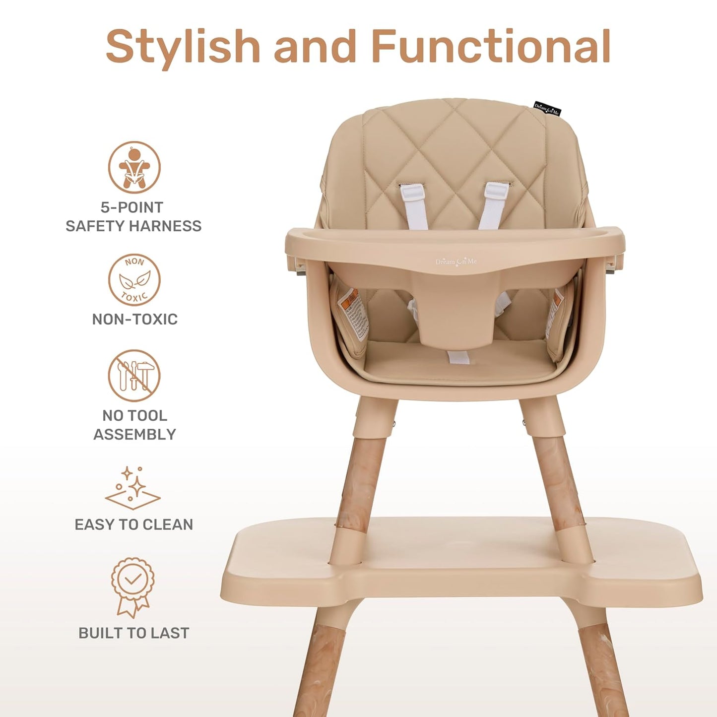 Dream On Me Luna 4-in-1 Convertible Baby High Chair in Beige, Transforms into Booster, Toddler Seat & Table Set, Adjustable and Removable Tray Portable High Chair