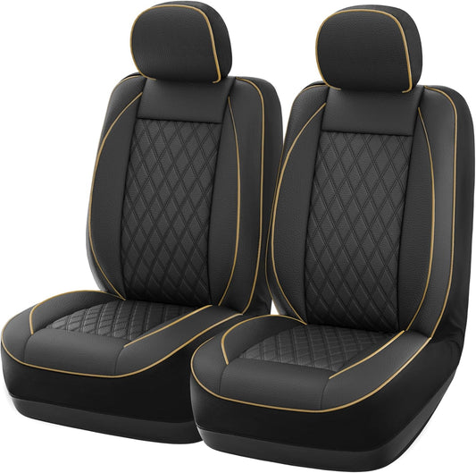 GIANT PANDA Front Car Seat Cover for Kia, Piping Leather Bucket Seat Protectors Waterproof, Custom Fit Kia Sorento Sportage Forte Telluride K5 Seltos Soul Optima Carnival (2 Pack Black+Beige Line)