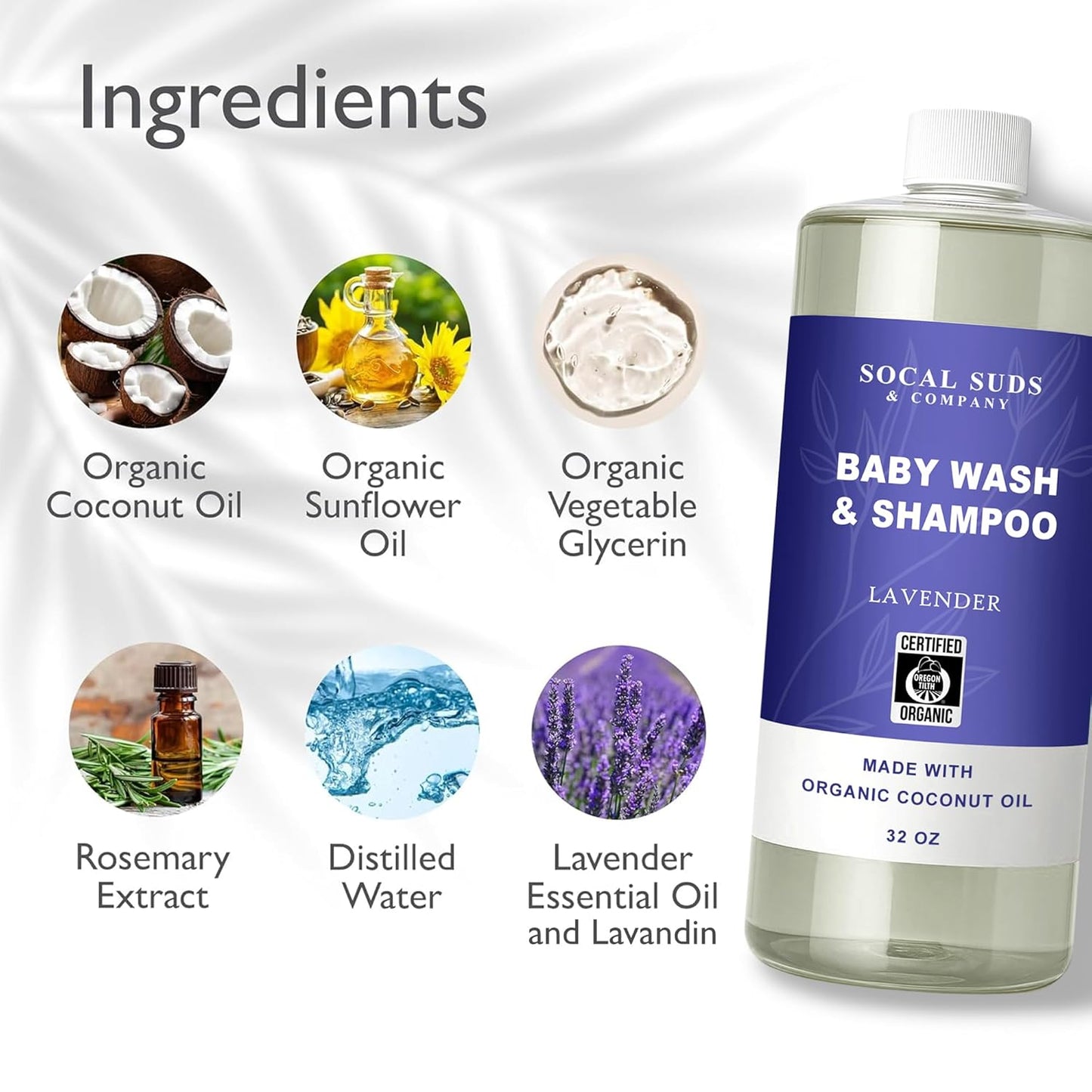 SoCal Suds & Company - 2-in-1 Organic Foaming Baby Shampoo & Body Wash Castile Soap Refill - Gentle Body Soap and Shampoo for Sensitive Skin - Nourishing Ingredients - Newborn Baby - Lavender, 32oz