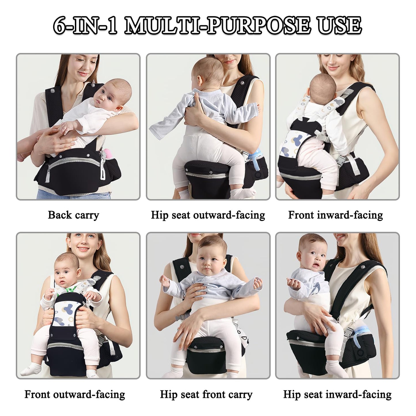 Baby Carrier with Hip Seat for Newborn to Toddler, 6-in-1 Ergonomic Infant Carrier for 0-36 Month Baby, All Positions Soft Breathable Mesh Wrap Carrier with Waist Stool, Baby Holder-Grey Print