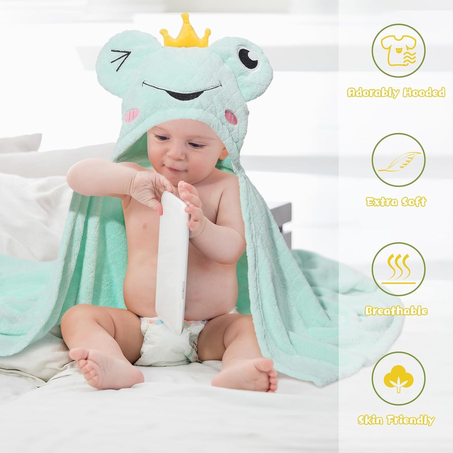 Baby Towels with Hood,2-Pack Baby Towels with Hood for Toddlers 1-3 0-5 Years, Super Soft Thick Absorbent Premium Coral Fleece Bath Towels Kids 50"x32",Green Frog & White Sheep Set
