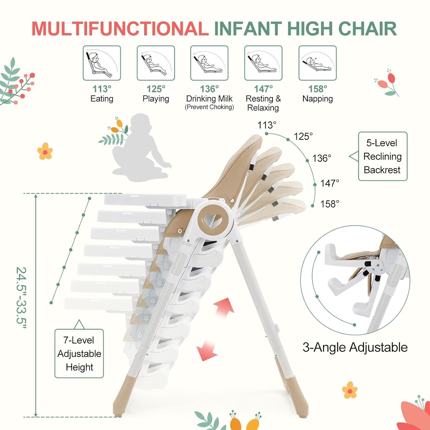 Foldable High Chairs for Babies and Toddlers, Adjustable Infant Baby Chair with Removable Tray and Non-Slip Foot Pads, Highchair for Children Aged 6 to 36 Months, Champagne