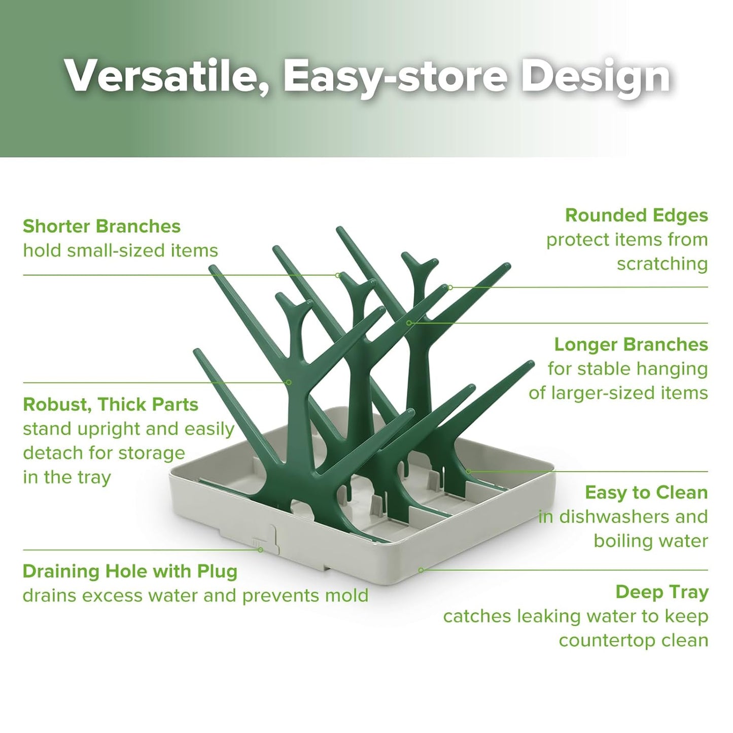 haakaa Baby Bottle Drying Rack, Space Saving Bottle Drying Tree for Bottles/Pump Parts/Pacifiers and Other Baby Essentials, Easy-Store Dryer Rack Great for Home & Travel, BPA Free (Forest Green)