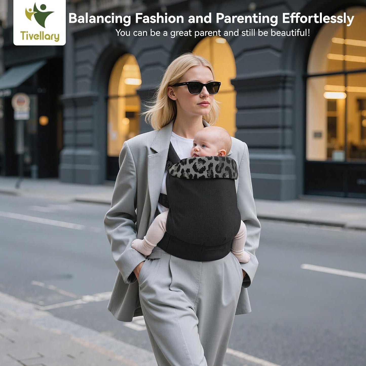 Reversible Baby Carrier – Black Solid & Leopard Print; Lightweight & Breathable Lyocell Fabric; Ergonomic Lumbar Support and Quick Hands-Free Wear for Newborn to Toddler (7–44 lbs)