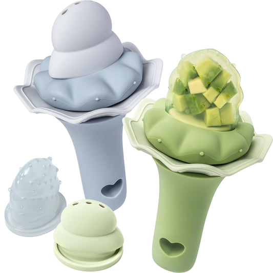 Moonkie Baby Fruit Feeder, BPA Free Silicone Food Feeder for Infant Self Feeding, Mesh Feeder with Two Pouches, Baby Shower Gifts 4 Months+, 2 Pack (Without Freezer Tray)