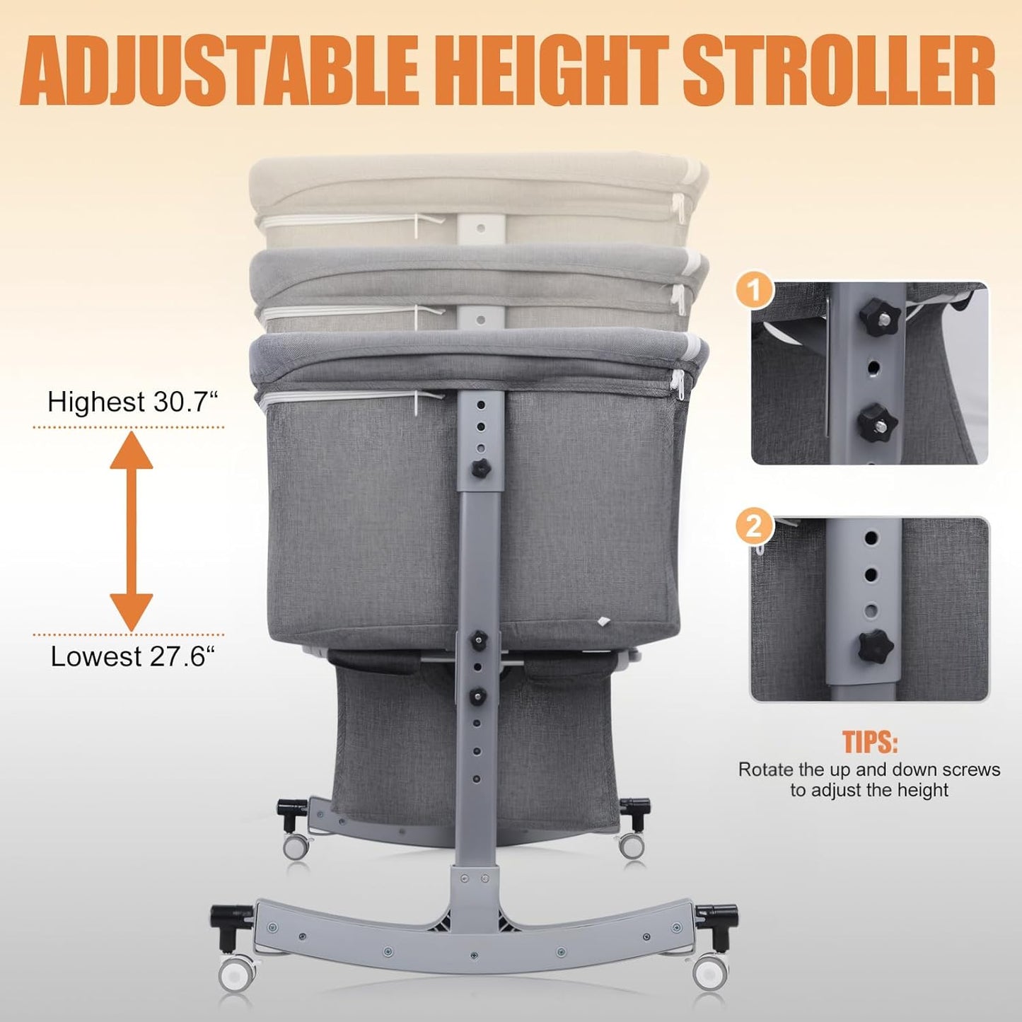 3-in-1 Baby Bassinet Bedside Sleeper for Newborns & Infants - 6-Level Height Adjustable, Portable Convertible Bassinet/Cradle with Mosquito Net, Storage Basket & Wheels,Easy Assemble (Grey)