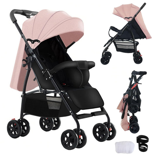 Ultra-Lightweight Stroller at Only 4.6kg, Foldable Compact Pushchair with Lie-Flat Position, Travel Pram from Birth to 40kg, Baby Buggy with Adjustable Backrest, Footrest, Canopy (A8 Pink)