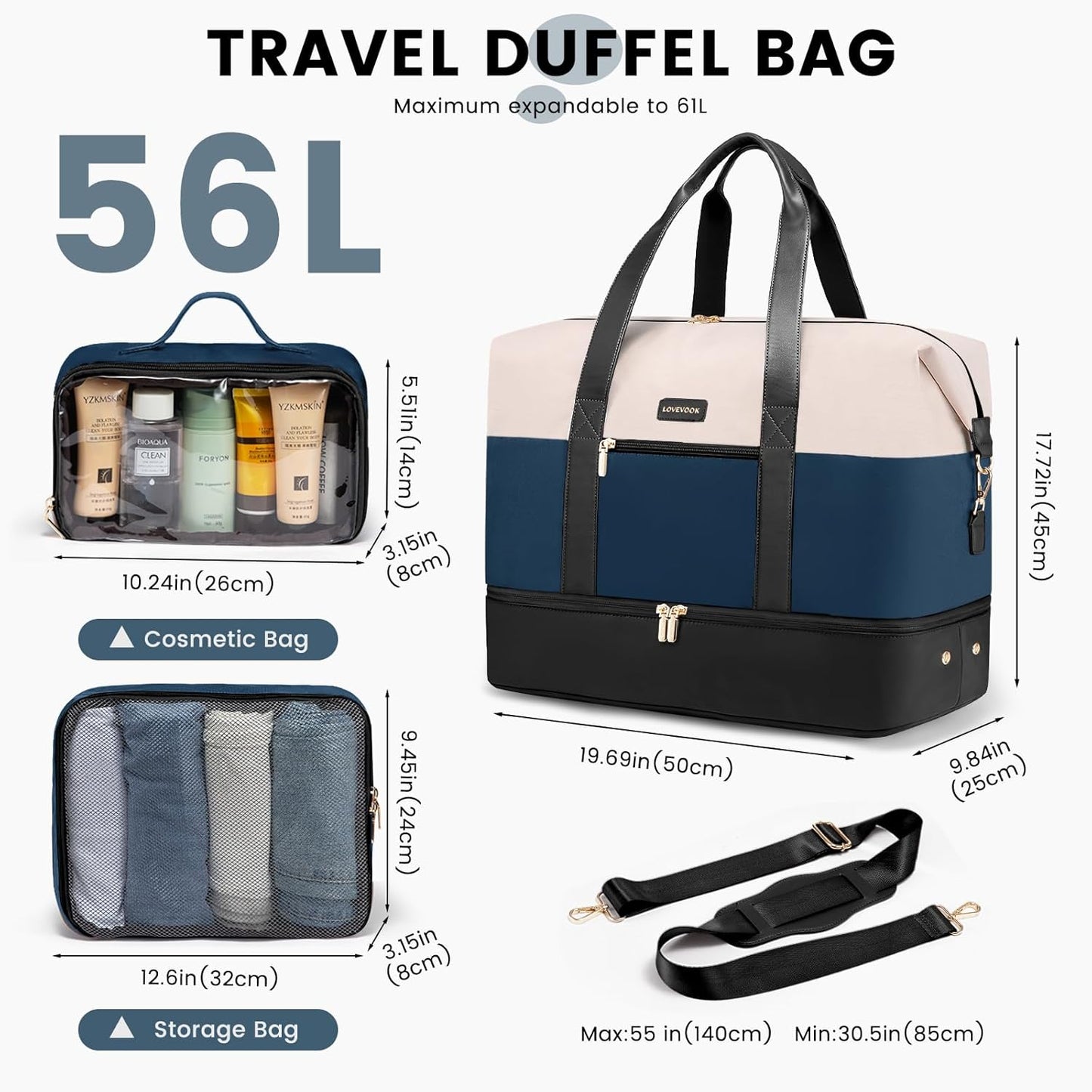 LOVEVOOK Weekender Bag, Large Travel Duffel Bag for Women with 2 Packing Cubes, Carry on Overnight Bag with Shoe Compartment, Mom Hospital Bags for Labor and Delivery