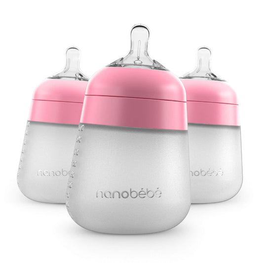 Nanobebe Flexy Silicone Baby Bottle, Anti-Colic, Natural Feel, Non-Collapsing Nipple, Non-Tip Stable Base, Easy to Clean, 3-Pack, Pink, 9oz