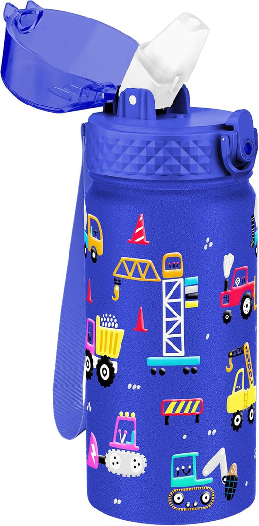 Kids Water Bottle, GOPPUS 14 oz Insulated Water Bottle with Straw, Double Vacuum Leakproof, BPA Free, for Boys and Girls, Blue Construction Truck