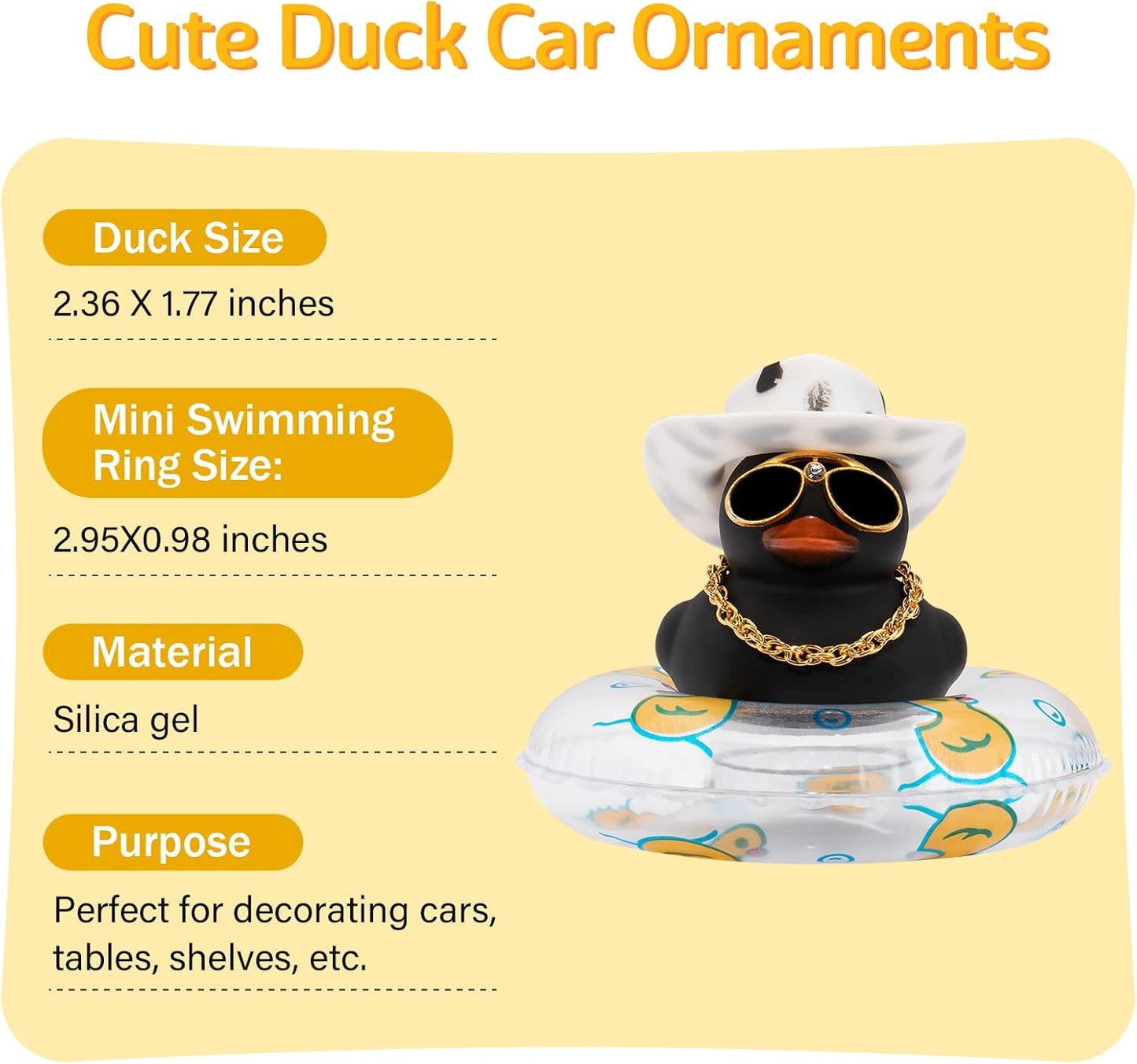 wonuu 2Pcs Car Dashboard Decorations Color Ducks, Rubber Duck for Car Ornament Accessories with Mini Hat Sunglasses Necklace and Swim Ring, A_Black Duck+Black Cowboy&Black Spots Cowboy