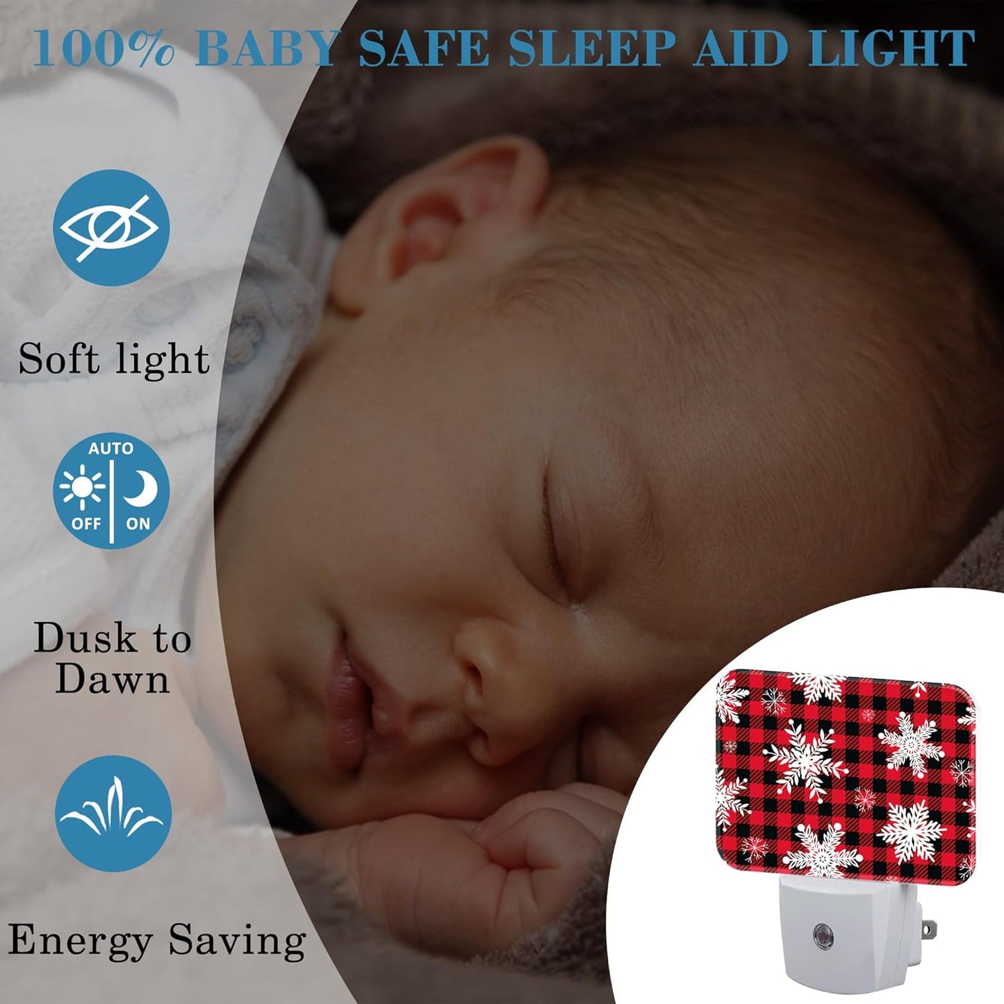Christmas Snowflakes Night Light, Christmas Red Plaid Nightlight Plug into Wall with Dusk to Dawn Sensor for Kid Girls Boys Women Men Bedroom, Hallway, Kitchen, Bathroom, Stairs Decor