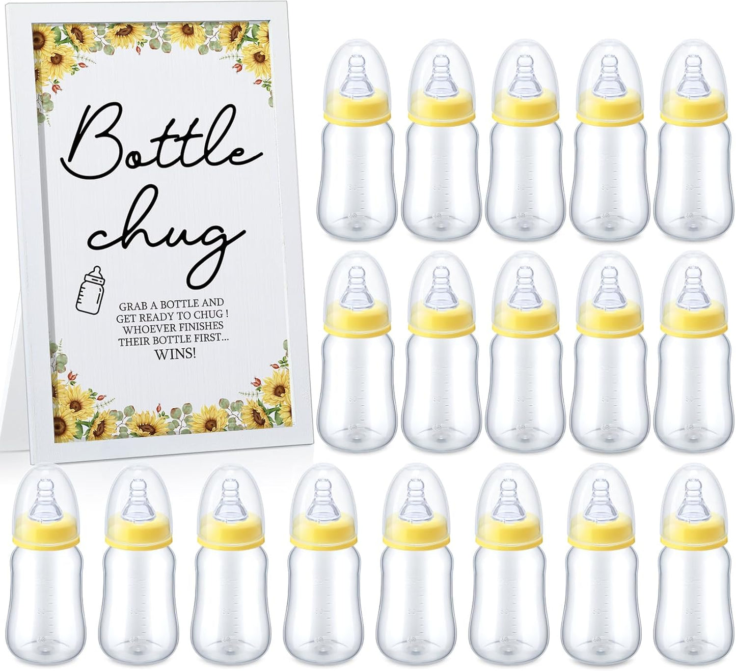 Roowest Bottle Chug Baby Shower Game Favors Including Sunflower Theme Wooden Sign and 18 Pcs Baby Bottles for Gender Reveal Party Supplies