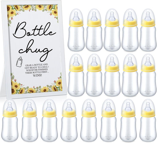Roowest Bottle Chug Baby Shower Game Favors Including Sunflower Theme Wooden Sign and 18 Pcs Baby Bottles for Gender Reveal Party Supplies