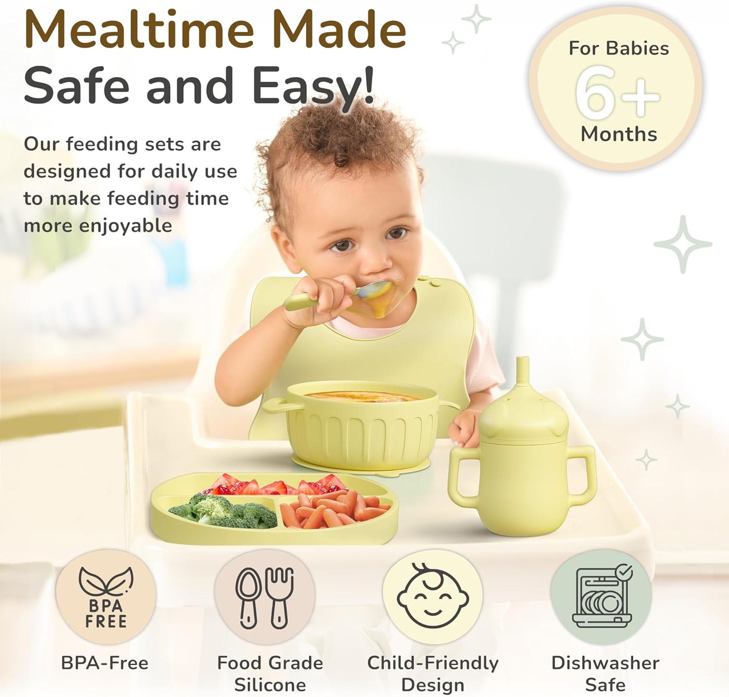 mimi & kiki BPA-Free Silicone Baby Feeding Set, Baby Plates and Bowls Set, Baby Led Weaning Supplies, Silicone Suction Plate, Baby Utensils, Bib and Cup, Self Feeding, Dishwasher Safe (Yellow)