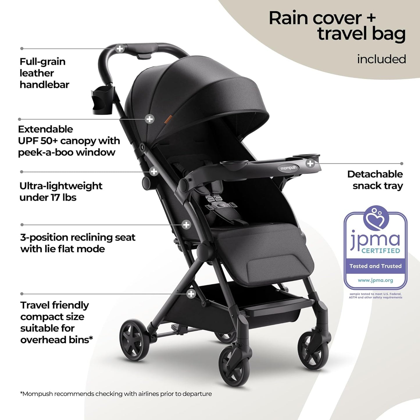 Mompush Lithe V2 Lightweight Travel Stroller, Compact Foldable Baby Stroller with Travel Bag, One-Hand Fold Stroller, Snack Tray, Mechanical Recline Seat, Airplane-Ready, Organizer & Rain Cover