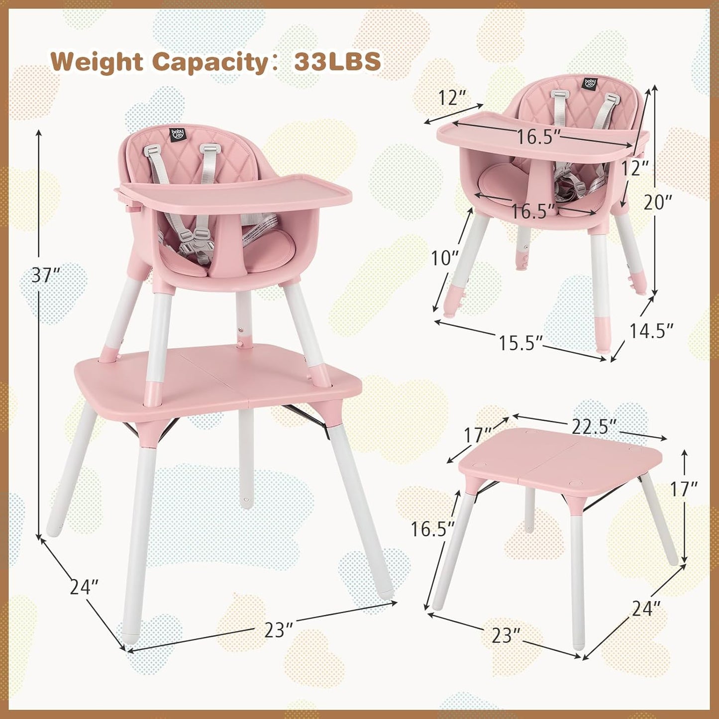 BABY JOY High Chair, 5 in 1 Convertible Highchair for Babies & Toddlers | Booster Seat | Table and Chair Set | Infant Feeding Chair with Removable Tray, Safety Harness, Removable Cushion (Pink)