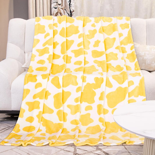 GEULAY Twin Size Fleece Blanket for Bed - Bright Lemon Yellow Cow Print Plush Cozy Throw for Couch, Bedroom, Living Room, Home Decor, Teens