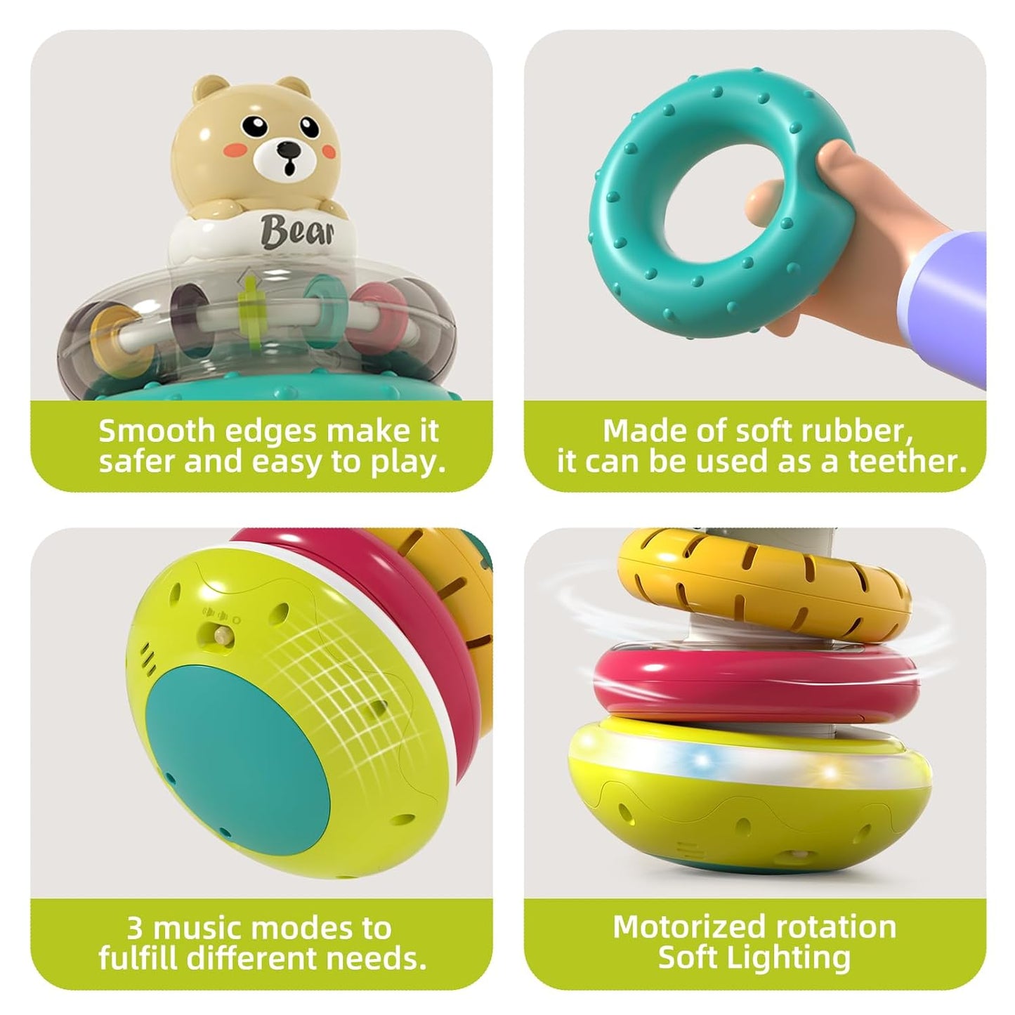 Baby Stacking Rings with Sound, Stacking Toys for Toddlers 1-3, Montessori Toys for Babies 6-12 Months, Rotatable with Light
