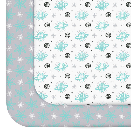 Pack and Play Sheets, 2 Pack Mini Crib Sheets, Stretchy Playard Fitted Sheet, Compatible with Graco Pack n Play, Soft and Breathable Material, Planet & Flower