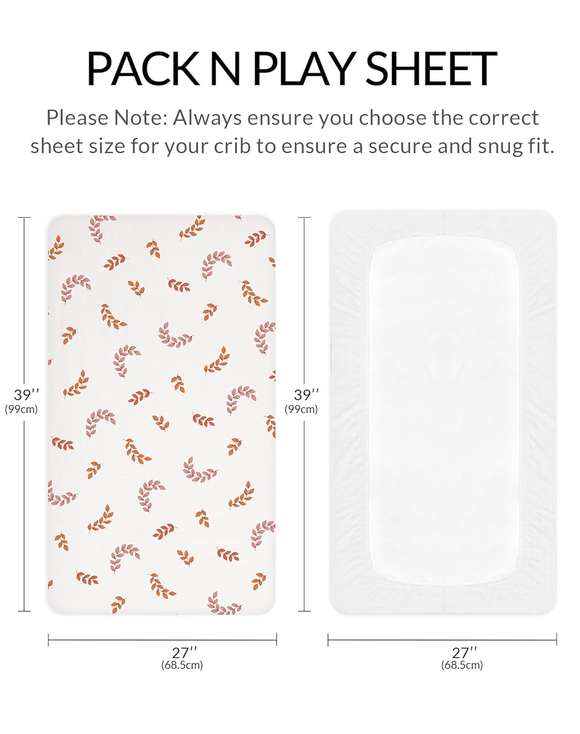 Pack and Play Sheets for Baby Boys and Girls 39"x27"x3", Neutral Muslin Cotton Pack N Play Mattresses Sheet with Boho Style, Soft and Breathable Comfort (Leaf)