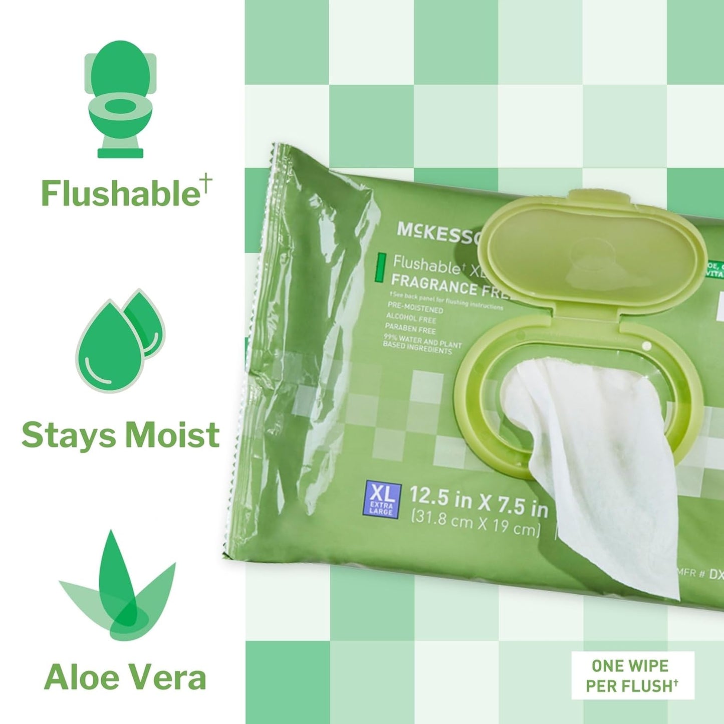 McKesson Flushable* Adult Wet Wipes XL – 96 Wipes (1 Pack of 96) – Aloe & Vitamin E, Plant-Based Cleansing Wipes, Unscented, Extra Large