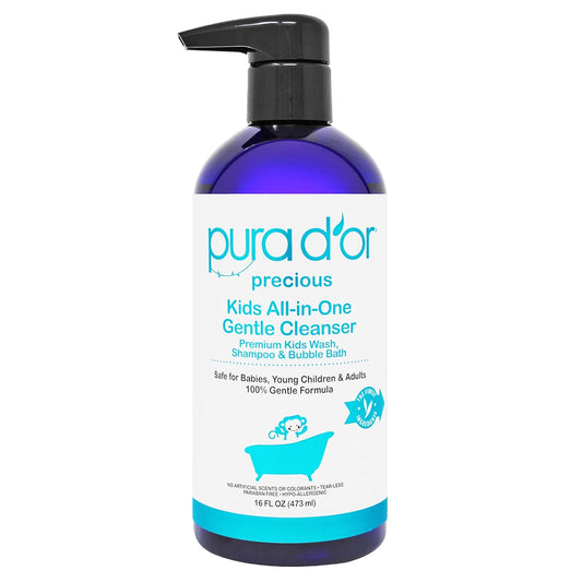 PURA D'OR 16 Oz Kids Wash - All-in-One Gentle Cleanser - USDA Biobased, Sulfate-Free, Tear-Less, Hypoallergenic, Premium, Shampoo & Bubble Bath